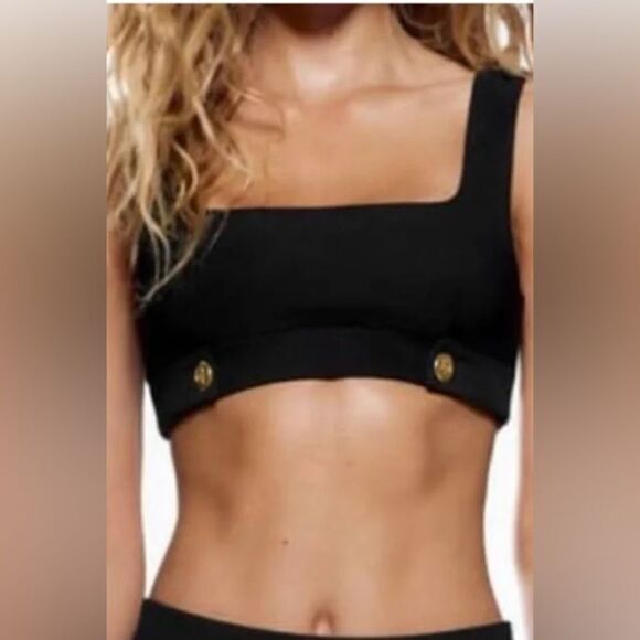 Zara Black Textured Ottoman Crop Top Black with Gold Buttons Large - Picture 1 of 9